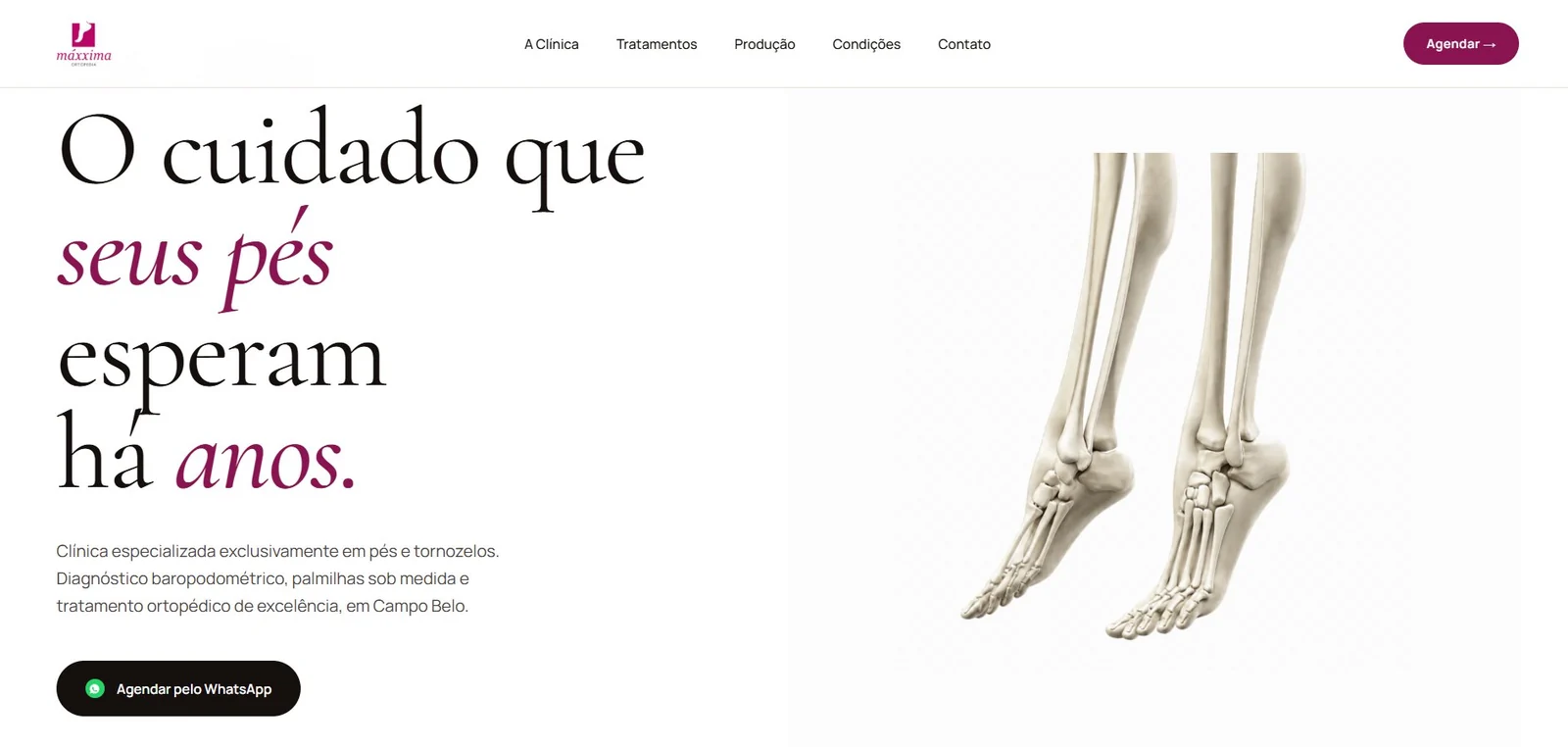 Site da Máxxima Ortopedia — clínica de pé e tornozelo